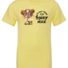 yellow sarcastic t-shirt featuring a rasta woman with two orange dreadlock hair buns and green glasses holding a glass of liquor saying I'm not mean, I’m spicy nice