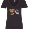 black sarcastic v-neck t-shirt featuring a rasta woman with two orange dreadlock hair buns and green glasses holding a glass of liquor saying I'm not mean, I’m spicy nice