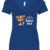 blue sarcastic v-neck t-shirt featuring a rasta woman with two orange dreadlock hair buns and green glasses holding a glass of liquor saying I'm not mean, I’m spicy nice