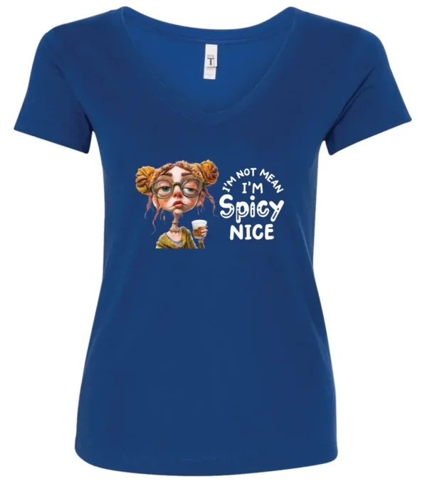 blue sarcastic v-neck t-shirt featuring a rasta woman with two orange dreadlock hair buns and green glasses holding a glass of liquor saying I'm not mean, I’m spicy nice