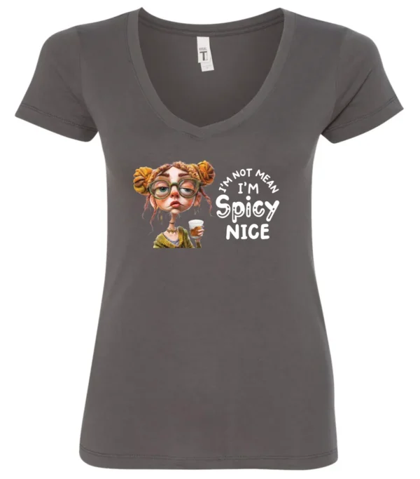 gray sarcastic v-neck t-shirt featuring a rasta woman with two orange dreadlock hair buns and green glasses holding a glass of liquor saying I'm not mean, I’m spicy nice
