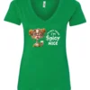green sarcastic v-neck t-shirt featuring a rasta woman with two orange dreadlock hair buns and green glasses holding a glass of liquor saying I'm not mean, I’m spicy nice