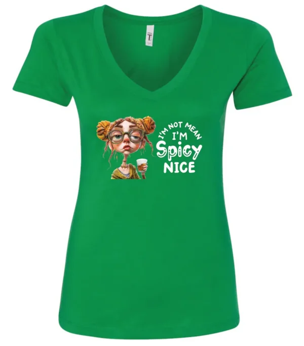 green sarcastic v-neck t-shirt featuring a rasta woman with two orange dreadlock hair buns and green glasses holding a glass of liquor saying I'm not mean, I’m spicy nice