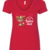 red sarcastic v-neck t-shirt featuring a rasta woman with two orange dreadlock hair buns and green glasses holding a glass of liquor saying I'm not mean, I’m spicy nice
