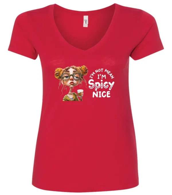 red sarcastic v-neck t-shirt featuring a rasta woman with two orange dreadlock hair buns and green glasses holding a glass of liquor saying I'm not mean, I’m spicy nice