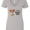 silver sarcastic v-neck t-shirt featuring a rasta woman with two orange dreadlock hair buns and green glasses holding a glass of liquor saying I'm not mean, I’m spicy nice