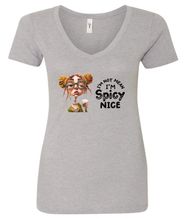 silver sarcastic v-neck t-shirt featuring a rasta woman with two orange dreadlock hair buns and green glasses holding a glass of liquor saying I'm not mean, I’m spicy nice