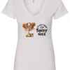 white sarcastic v-neck t-shirt featuring a rasta woman with two orange dreadlock hair buns and green glasses holding a glass of liquor saying I'm not mean, I’m spicy nice
