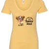 yellow sarcastic v-neck t-shirt featuring a rasta woman with two orange dreadlock hair buns and green glasses holding a glass of liquor saying I'm not mean, I’m spicy nice