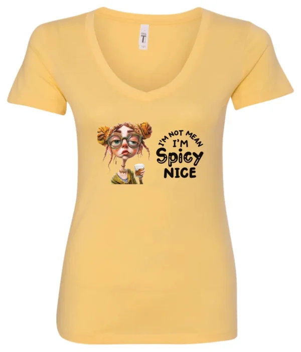 yellow sarcastic v-neck t-shirt featuring a rasta woman with two orange dreadlock hair buns and green glasses holding a glass of liquor saying I'm not mean, I’m spicy nice