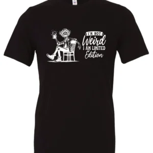 black sarcastic humor t-shirt featuring a happy man sitting in a chair and holding a beer, saying I'm not weird, I am limited edition