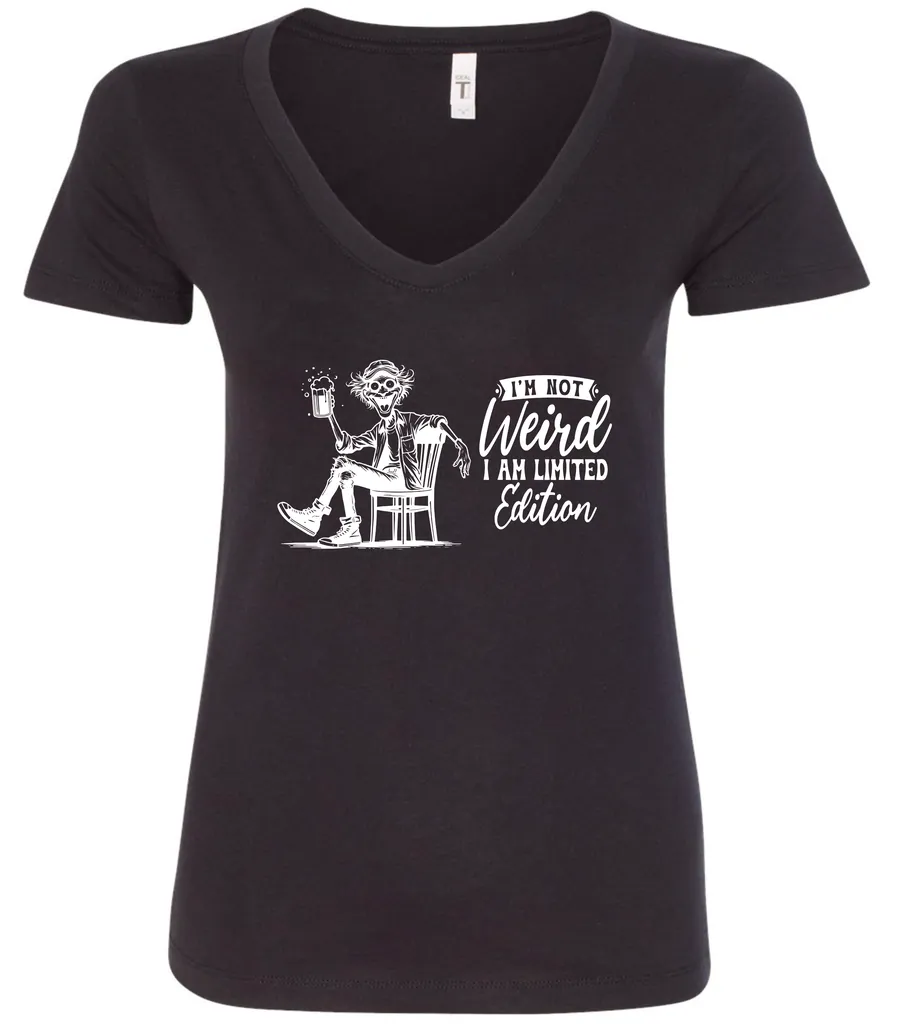 black sarcastic humor v-neck t-shirt featuring a happy man sitting in a chair and holding a beer, saying I'm not weird, I am limited edition