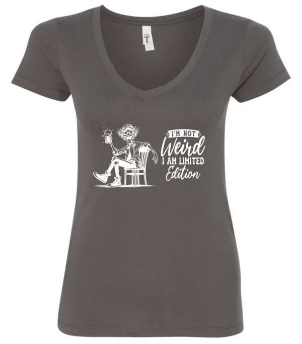 gray sarcastic humor v-neck t-shirt featuring a happy man sitting in a chair and holding a beer, saying I'm not weird, I am limited edition