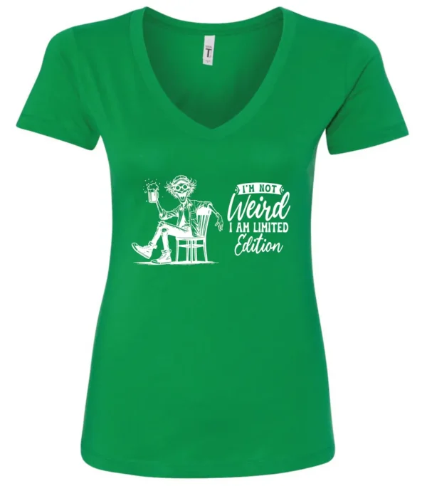 green sarcastic humor v-neck t-shirt featuring a happy man sitting in a chair and holding a beer, saying I'm not weird, I am limited edition
