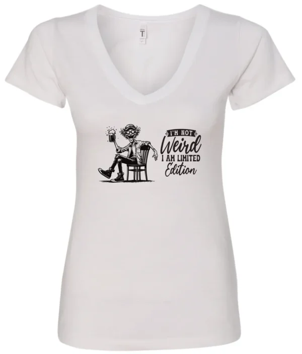white sarcastic humor v-neck t-shirt featuring a happy man sitting in a chair and holding a beer, saying I'm not weird, I am limited edition