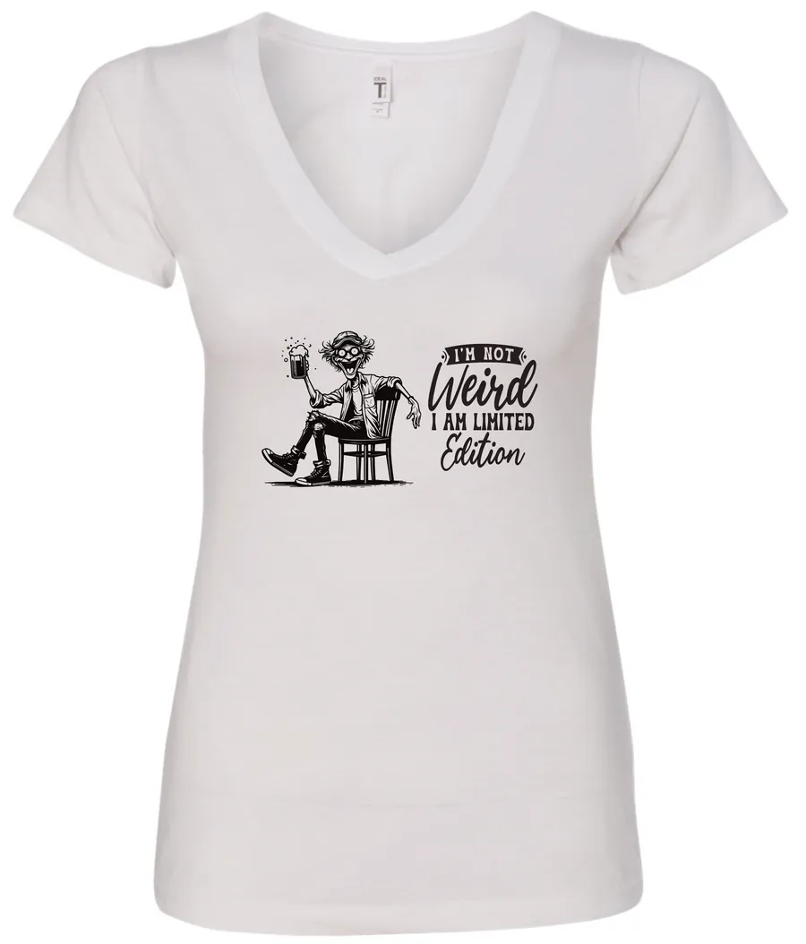 white sarcastic humor v-neck t-shirt featuring a happy man sitting in a chair and holding a beer, saying I'm not weird, I am limited edition