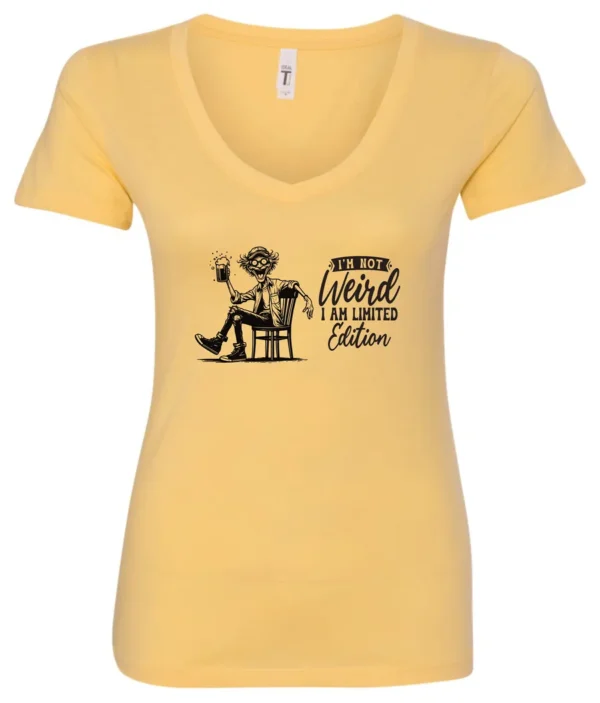 yellow sarcastic humor v-neck t-shirt featuring a happy man sitting in a chair and holding a beer, saying I'm not weird, I am limited edition
