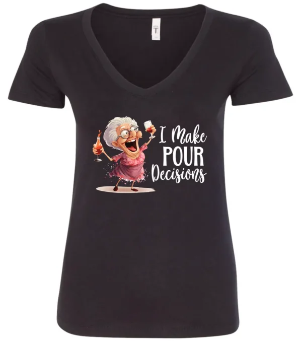 black funny alcohol v-neck t-shirt featuring a drunk grandma holding a glass of cocktail each hand and it says I make pour decisions
