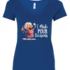 blue funny alcohol v-neck t-shirt featuring a drunk grandma holding a glass of cocktail each hand and it says I make pour decisions