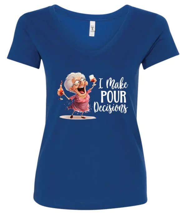 blue funny alcohol v-neck t-shirt featuring a drunk grandma holding a glass of cocktail each hand and it says I make pour decisions