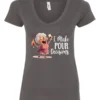 gray funny alcohol v-neck t-shirt featuring a drunk grandma holding a glass of cocktail each hand and it says I make pour decisions