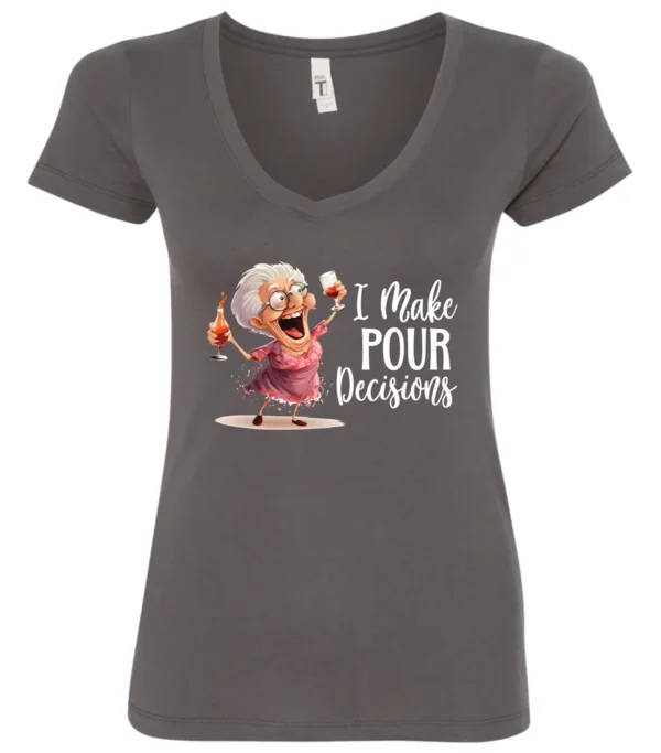 gray funny alcohol v-neck t-shirt featuring a drunk grandma holding a glass of cocktail each hand and it says I make pour decisions
