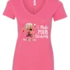 pink funny alcohol v-neck t-shirt featuring a drunk grandma holding a glass of cocktail each hand and it says I make pour decisions