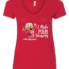 red funny alcohol v-neck t-shirt featuring a drunk grandma holding a glass of cocktail each hand and it says I make pour decisions