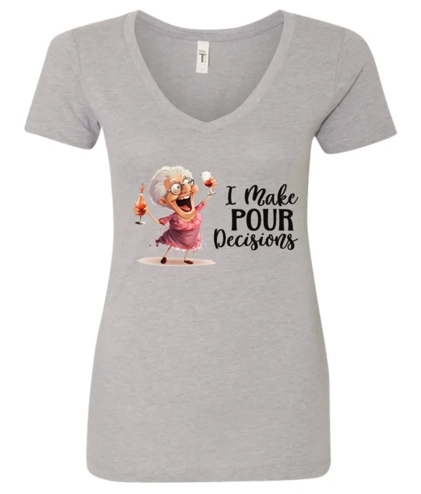 silver funny alcohol v-neck t-shirt featuring a drunk grandma holding a glass of cocktail each hand and it says I make pour decisions