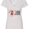 white funny alcohol v-neck t-shirt featuring a drunk grandma holding a glass of cocktail each hand and it says I make pour decisions