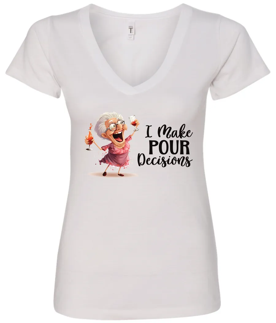 white funny alcohol v-neck t-shirt featuring a drunk grandma holding a glass of cocktail each hand and it says I make pour decisions