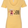 yellow funny alcohol v-neck t-shirt featuring a drunk grandma holding a glass of cocktail each hand and it says I make pour decisions