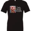 black funny t-shirt featuring an elderly woman with a look of astonishment, missing some teeth, her mouth open and her tongue sticking out, saying I need a long break from everything