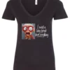 black funny v-neck t-shirt featuring an elderly woman with a look of astonishment, missing some teeth, her mouth open and her tongue sticking out, saying I need a long break from everything