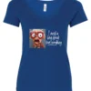blue funny v-neck t-shirt featuring an elderly woman with a look of astonishment, missing some teeth, her mouth open and her tongue sticking out, saying I need a long break from everything