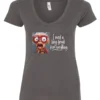 gray funny v-neck t-shirt featuring an elderly woman with a look of astonishment, missing some teeth, her mouth open and her tongue sticking out, saying I need a long break from everything
