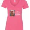 pink funny v-neck t-shirt featuring an elderly woman with a look of astonishment, missing some teeth, her mouth open and her tongue sticking out, saying I need a long break from everything