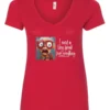 red funny v-neck t-shirt featuring an elderly woman with a look of astonishment, missing some teeth, her mouth open and her tongue sticking out, saying I need a long break from everything