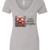 silver funny v-neck t-shirt featuring an elderly woman with a look of astonishment, missing some teeth, her mouth open and her tongue sticking out, saying I need a long break from everything