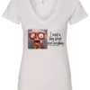 white funny v-neck t-shirt featuring an elderly woman with a look of astonishment, missing some teeth, her mouth open and her tongue sticking out, saying I need a long break from everything