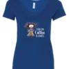 blue caffeine v-neck t-shirt featuring a disheveled woman with a colorful coat mouth and eyes wide open and a cup of coffee it says I run on coffee and chaos
