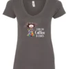 gray caffeine v-neck t-shirt featuring a disheveled woman with a colorful coat mouth and eyes wide open and a cup of coffee it says I run on coffee and chaos