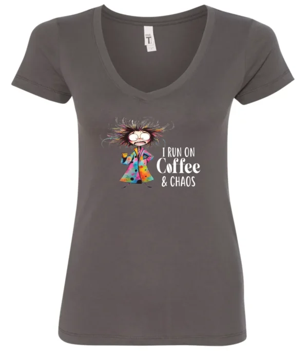 gray caffeine v-neck t-shirt featuring a disheveled woman with a colorful coat mouth and eyes wide open and a cup of coffee it says I run on coffee and chaos