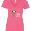 pink caffeine v-neck t-shirt featuring a disheveled woman with a colorful coat mouth and eyes wide open and a cup of coffee it says I run on coffee and chaos