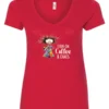 red caffeine v-neck t-shirt featuring a disheveled woman with a colorful coat mouth and eyes wide open and a cup of coffee it says I run on coffee and chaos