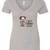silver caffeine v-neck t-shirt featuring a disheveled woman with a colorful coat mouth and eyes wide open and a cup of coffee it says I run on coffee and chaos