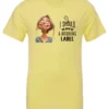yellow humor t-shirt featuring a young blonde girl with an embarrassed face saying I should have a warning label