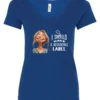 blue humor v-neck t-shirt featuring a young blonde girl with an embarrassed face saying I should have a warning label