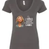 gray humor v-neck t-shirt featuring a young blonde girl with an embarrassed face saying I should have a warning label