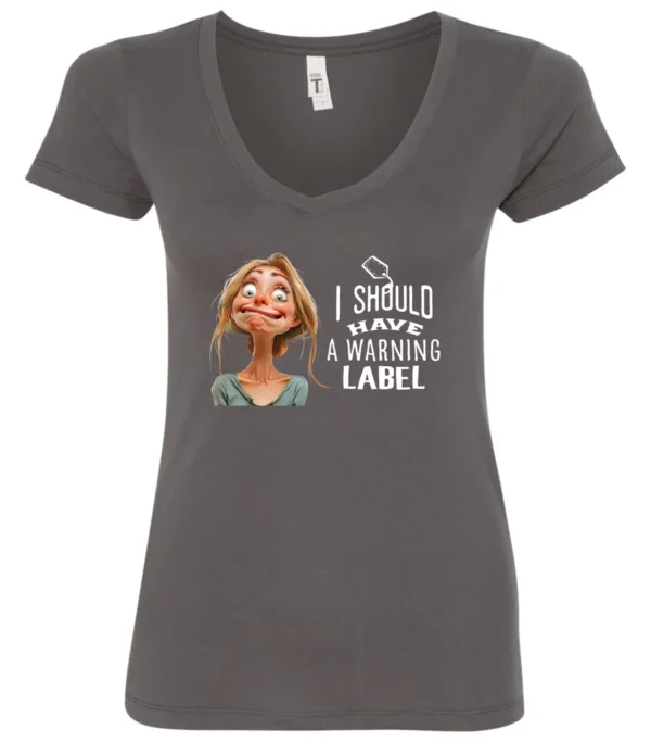 gray humor v-neck t-shirt featuring a young blonde girl with an embarrassed face saying I should have a warning label